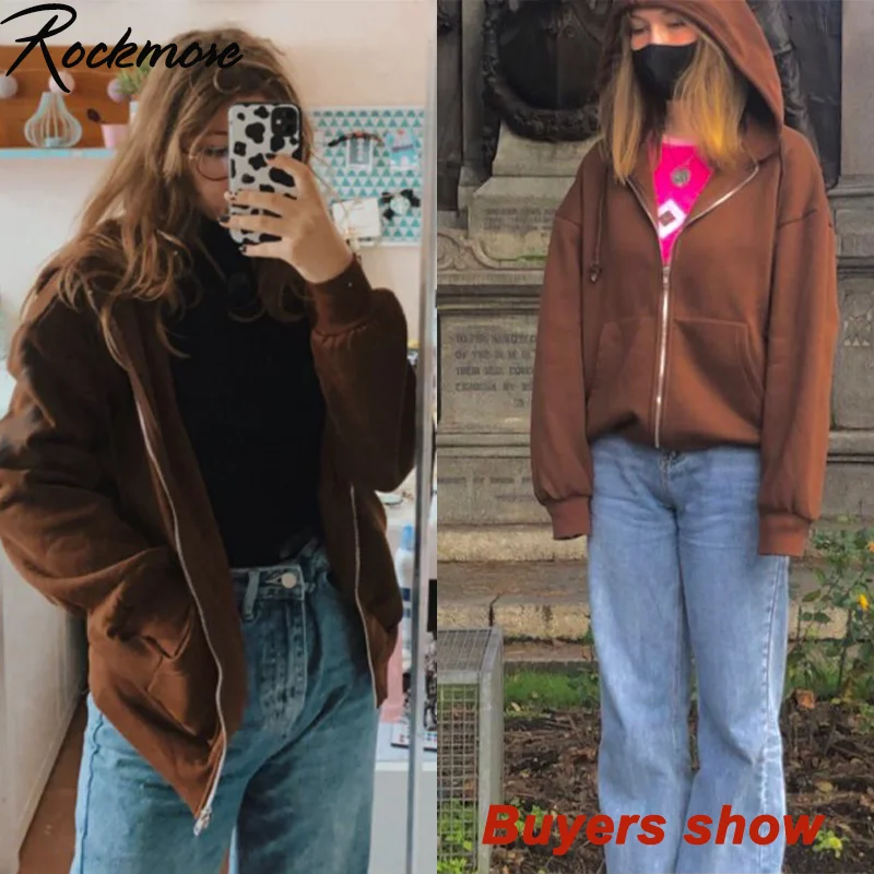 

Black Zip Hooded Women Sweatshirt Winter Jacket Top Oversized Retro Pocket Woman Clothes Long Sleeve Pullover Hoodies Kpop