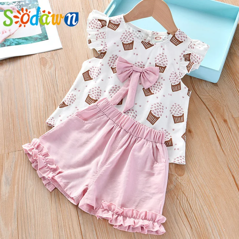 Sodawn-Conjunto de ropa con estampado de helado para niña, camiseta con lazo y pantalones cortos, traje para niña pequeña, ropa para bebé, 2 uds.