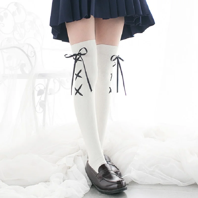 

Women Lolita Stockings Spring Japanese Leggings Kawaii anime girl sock black White Over Knee stocking cross ribbon socks cosplay