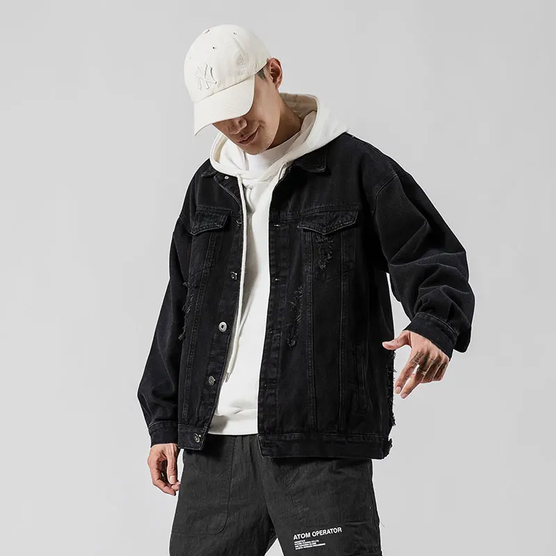 2021 весенняя и осенняя джинсовая куртка Мужская бомбер с отворотом в стиле хип хоп