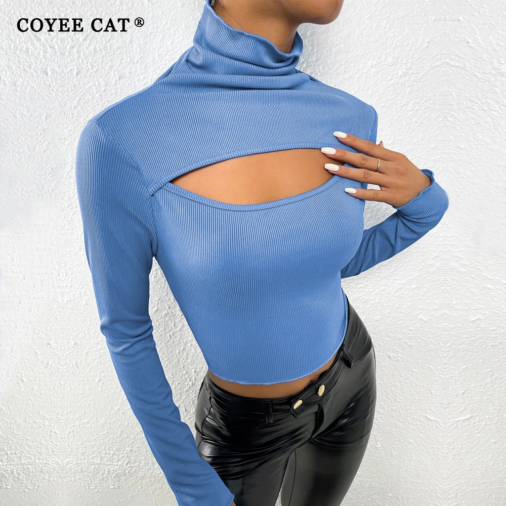 

Coyee Cat Women Turtleneck Chest Hollow Out Sexy Tops Skinny Knitted Long Sleeve Basic Pullover Short T Shirt Autumn Spring Tees