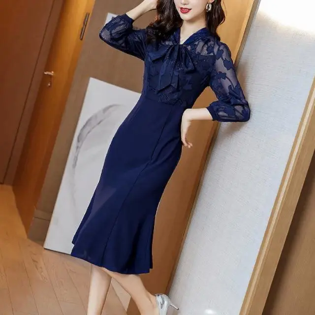 

Bow Three Quarter High Waist Patchwork Female Dresses Spring Summer Casual Dress for Women Elegant Party Robes T6001
