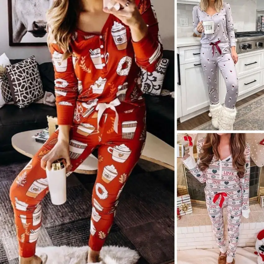 

Women Pajamas Lounge Wear Sleeping Suits Pajama Sets Floral Printed Long Sleeve Top Long Pants Nightwear Loungewear Casual