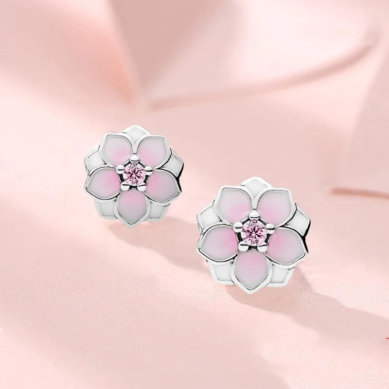 

Pink White Enamel Earrings For Women Cute Flower Female Wedding Earrings Elegant Silver Color Ear Jewelry Valentines Gift Unfade