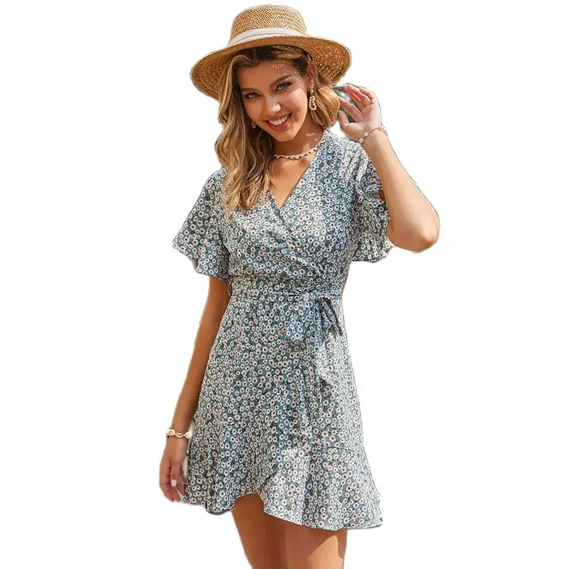 

Holiday style fashion V-neck small flowers show Chiffon short sleeve dress new women's well vestido sexy 2021 summer slim woman