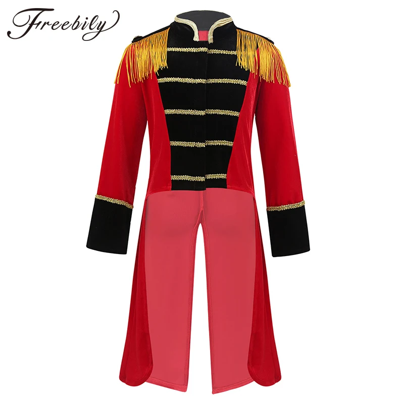 

Kids Long Sleeves Stand Collar Fringes Gold Trimmings Tailcoat Jacket Boys Halloween Roleplay Party Ringmaster Circus Costume