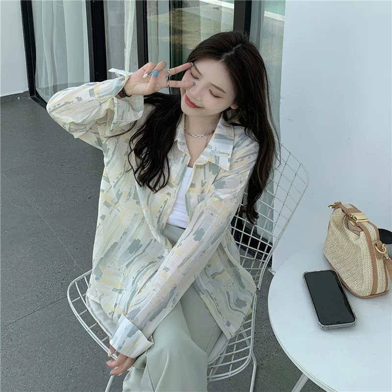 Женская летняя тонкая рубашка с длинным рукавом и цветочным принтом|Футболки| |
