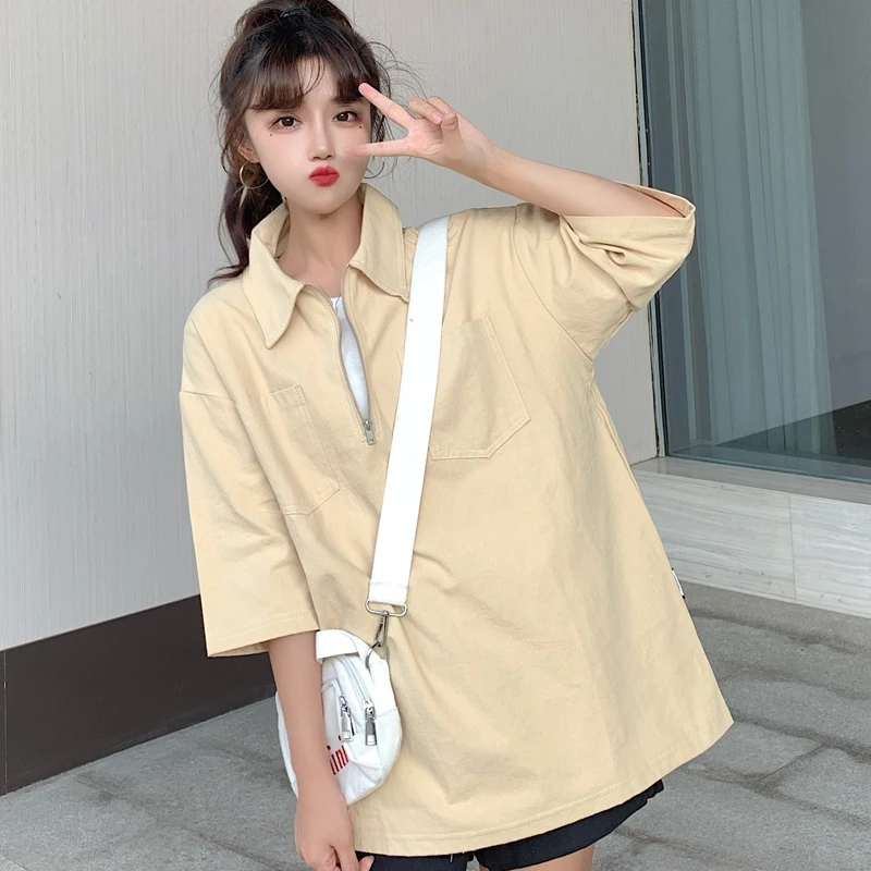 

2021 Spring New Ulzzang Harajuku Bf Polo Shirt Oversized Tee-shirt Cotton Top Retro Solid Loose Long Sleeve Women's T-shirt
