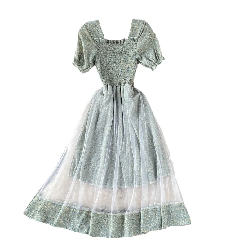 

2021 summer new women square collar ruffles flower print chiffon with gauze A-line dress female Chic elegant waist mesh dresses