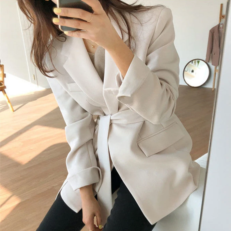 

Blazer with Belt Women Fashion Vintage Office Lady Loose Casual Blazers Jacket Suit Spring Autumn Outerwear Female 2021 Black