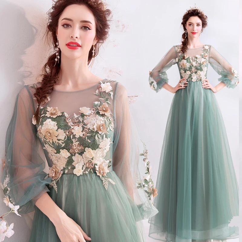 

Green Mesh Diamond Flowers Bridesmaid Party Long Sleeve Party Wedding Evening Dresses for Women