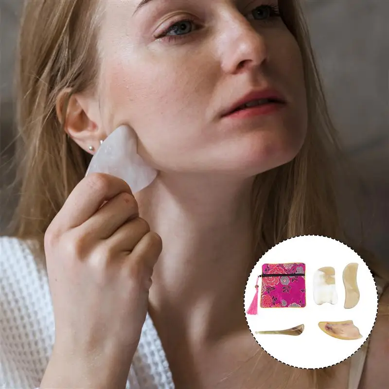 

4pcs Massage Scrapping Board Natural Ox Horn Facial Scrapping Device Horn Massaging Board With A Drawstring Bag(Random Color)