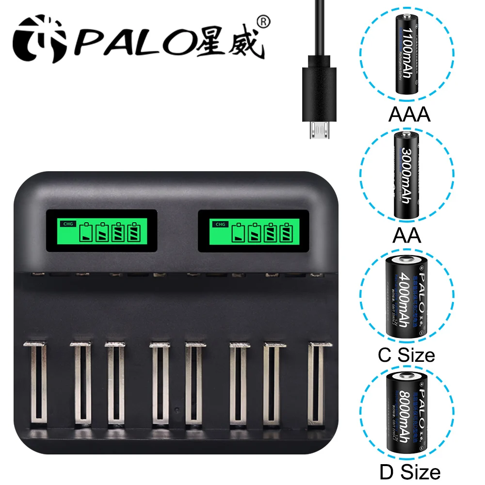 Palo ЖК-дисплей Быстрая зарядка Смарт USB зарядное устройство для Ni-MH Ni-CD AA AAA SC C D батарея+ 16 шт. 1,2 в AAA Ni-MH аккумуляторная батарея