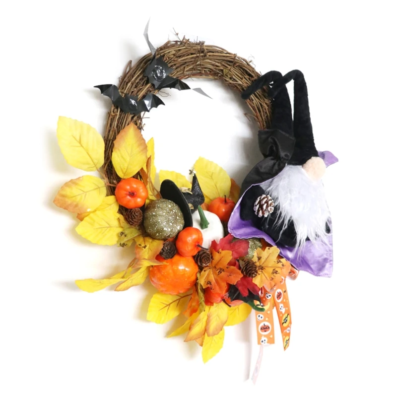 

18 Inch Halloween Artificial Wreath Gnome Pumpkin Ornaments for front Door WallX3UC