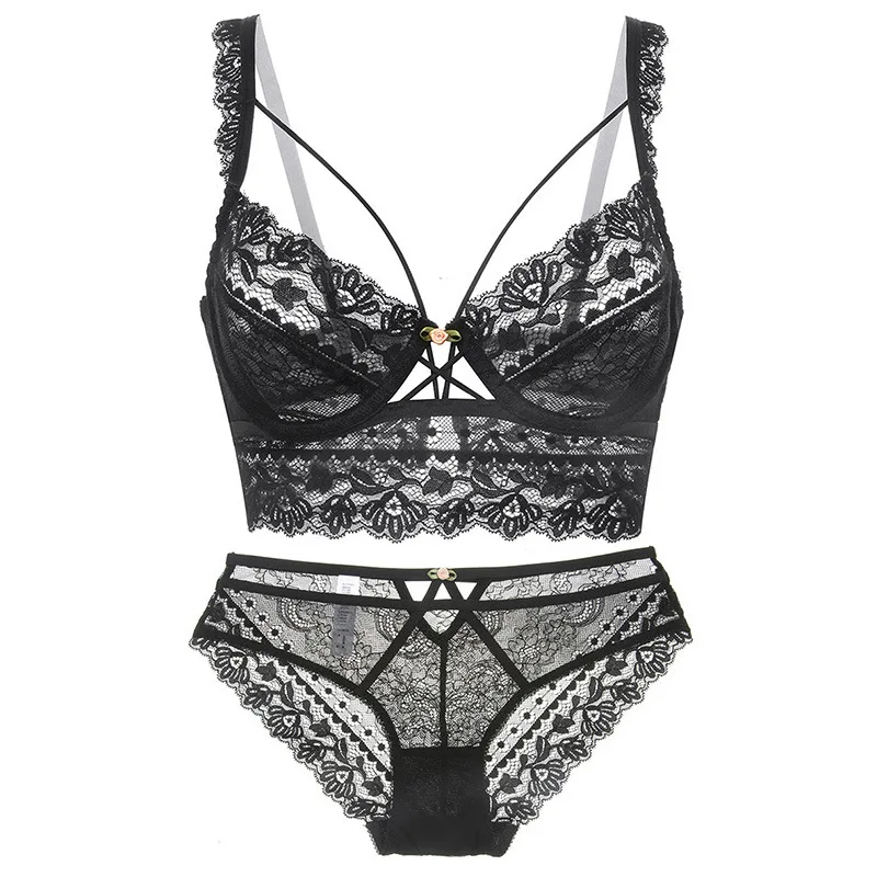 

sexy Lace lingerie for women push up bra Thin Underwire Cross Hollow Out Push Up Transparent see through Bra And Panties Set