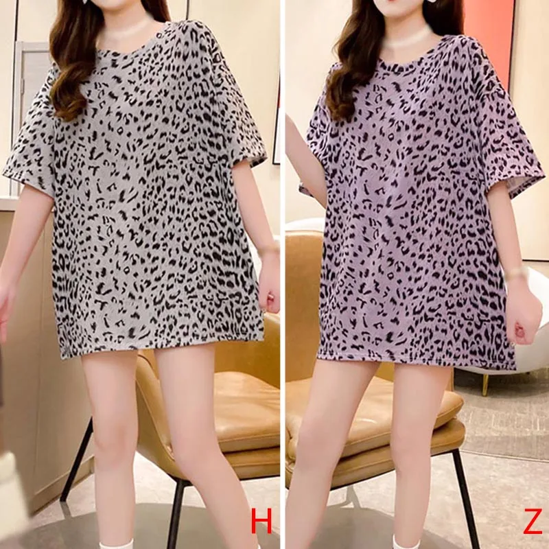 

Jlong Summer Leopard Print Short-sleeved Harajuku Top Women Round Neck Loose T-shirt