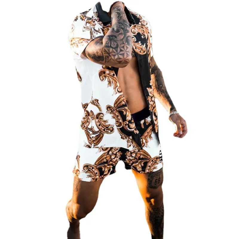 

2021 summer men's new loose print shirt casual shorts suit men