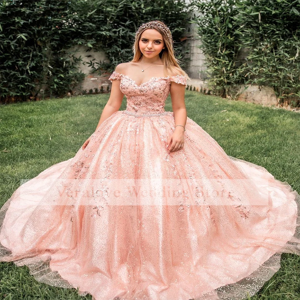 

Princess Shining Quinceanera Dress Pink Sequins Appliqued 2022 Sweet 16 Dress Pageant Gowns XV Vestidos De 15 16 Años
