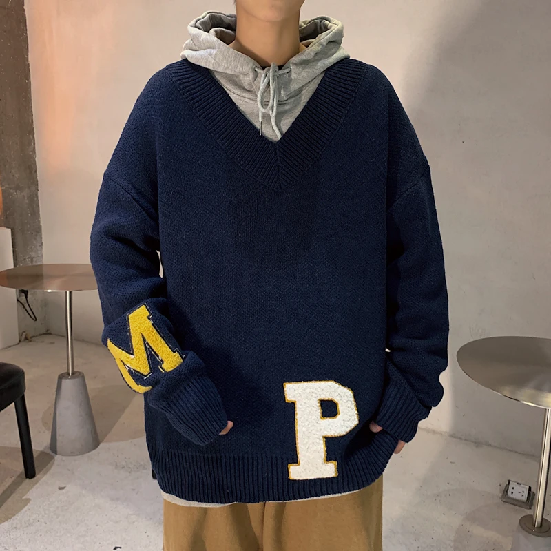 2020 зимний мужской шерстяной свитер с буквенным принтом и v-образным вырезом