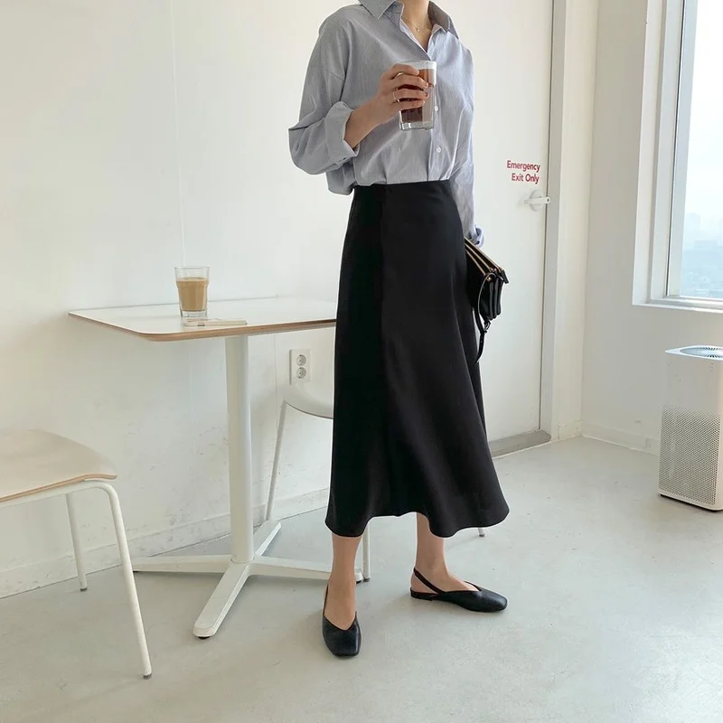 

2021 Soft A-Line Pink Summer Women Skirts Female Casual Loose Plus Size High Waist Harajuku Korean Elegant Satin Long Skirts