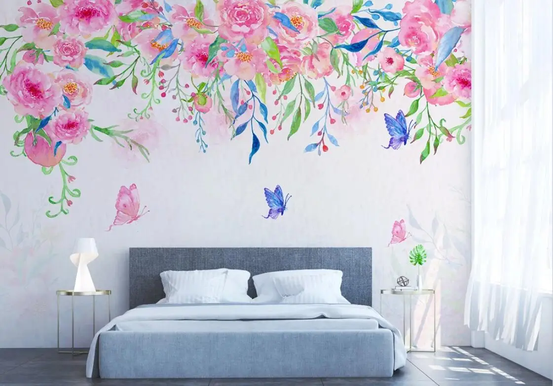Watercolor Pink Flower Wallpaper Nordic Butterfly Wall Mural HD Printed Wallpapers for Bedroom Canvas Decor Papel De Parede |
