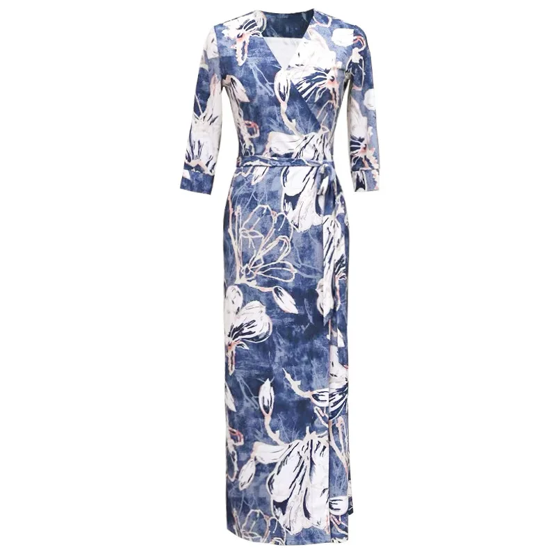 

2020 Neue Stil Kleid Elegante frauen Sommer Slim Fit Abnehmen Kleid Strand Lange V-ausschnitt Blue Plus Size
