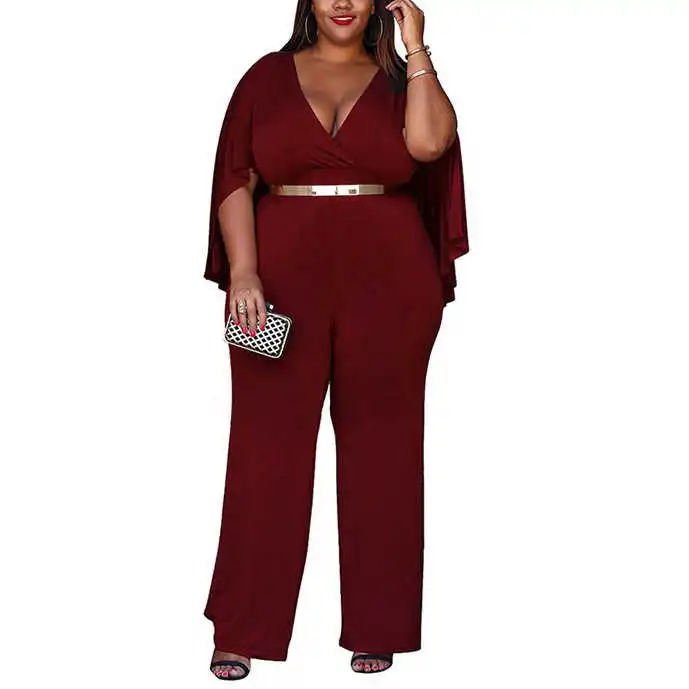 

Spring Big Size Jumpsuits Sexy Deep v Neck Batwing Sleeve Loose Long Elegant Evening Night Party Rompers & Jumpsuits