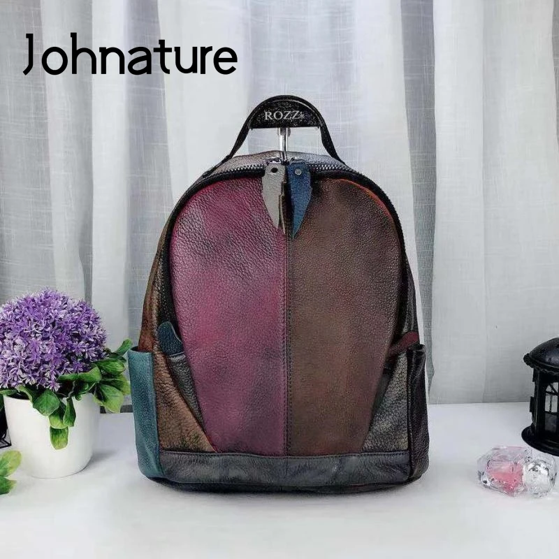 

Johnature 2021 New Retro Genuine Leather Backpack Women Bag Color Stitching First Layer Cowhide Travel Bags Vintage Bagpack