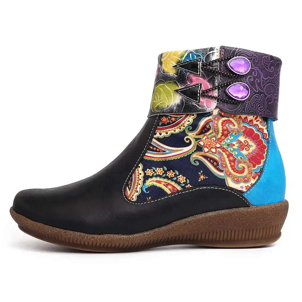SOCOFY botas mujer; удобные черные ботильоны из натуральной кожи на плоской подошве в стиле ретро с рисунком розы; женская обувь на каблуке; вечерние зимние ботинки; коллекция года