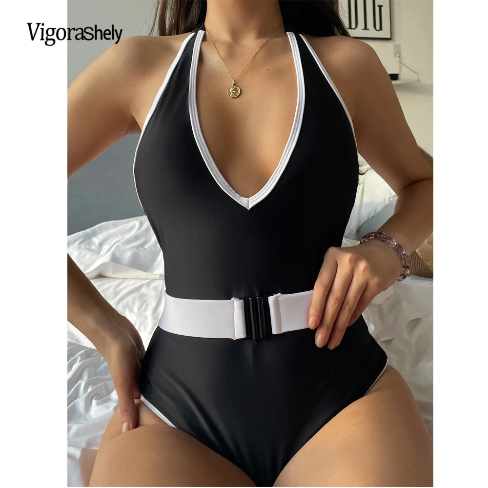 

Сексуальный женский купальник Vigorashely 2022 с глубоким V-образным вырезом и лямкой на шее, цельнокроеный монокини с высокой талией, однотонные к...