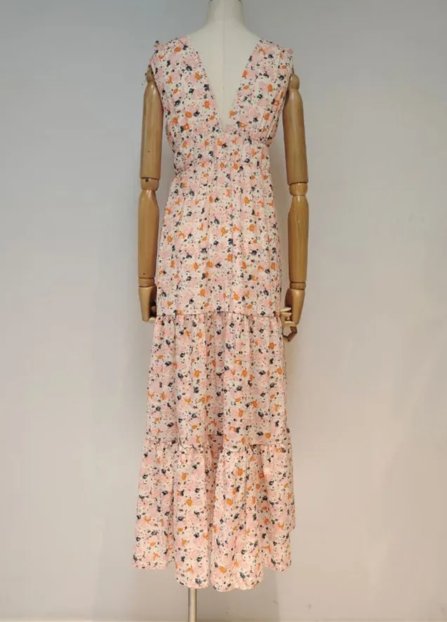 

[DEAT] new summer fashion women clothes V-neck sleeveless high waist big bottom printed long dress female vestido WR363211L