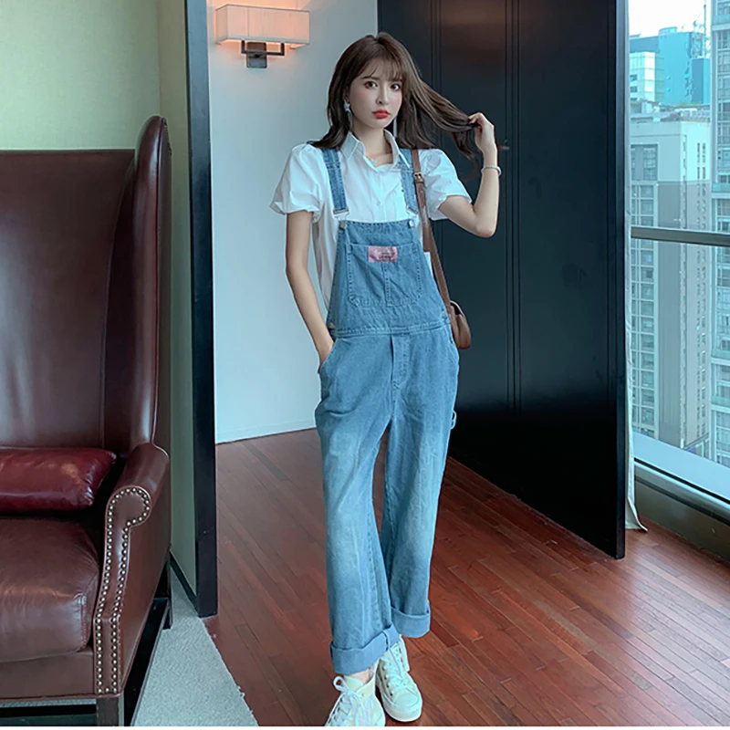 

2021 летние джинсовые брюки-слинги, комбинезоны, Модные свободные тонкие прямые широкие брюки, джинсы, женские повседневные брюки на бретелях...