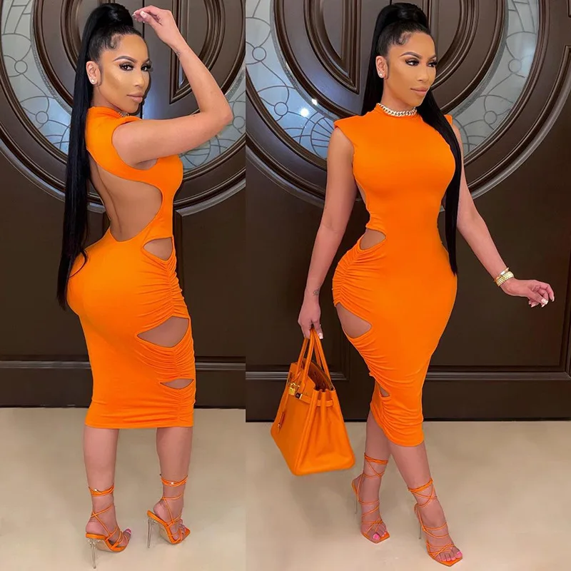 

2021 summer hot product new women's solid color halter round neck dress