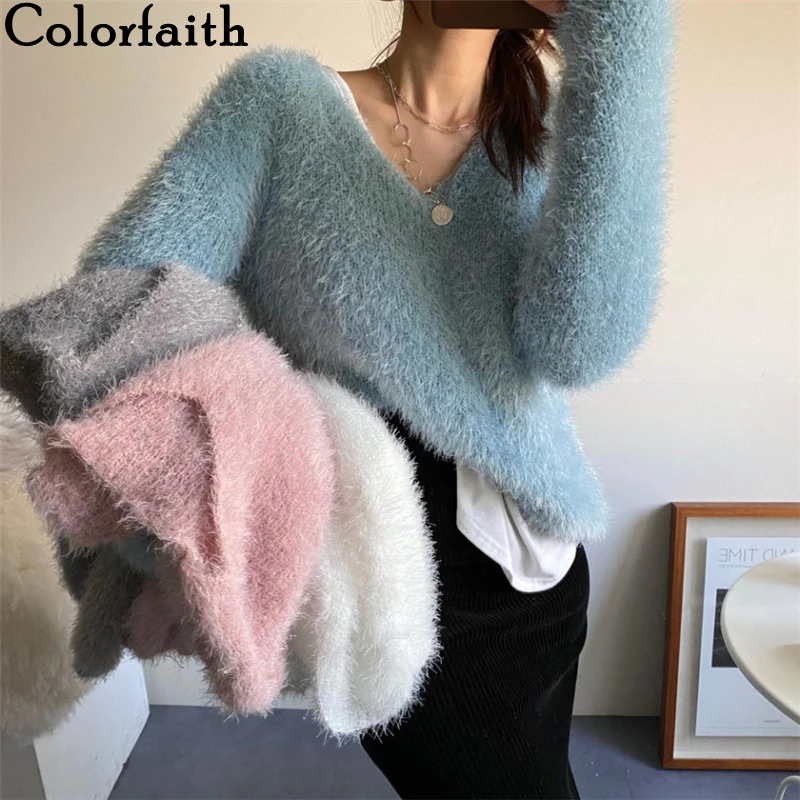 

Colorfaith 2022 Новые осенне-зимние женские свитера пуловеры винтажные модные элегантные женские розовые Топы в Корейском стиле SW9160