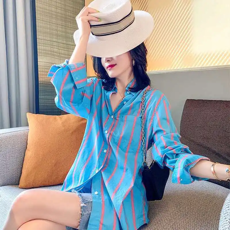 

2021 new women's fashion striped blouse with long sleeves