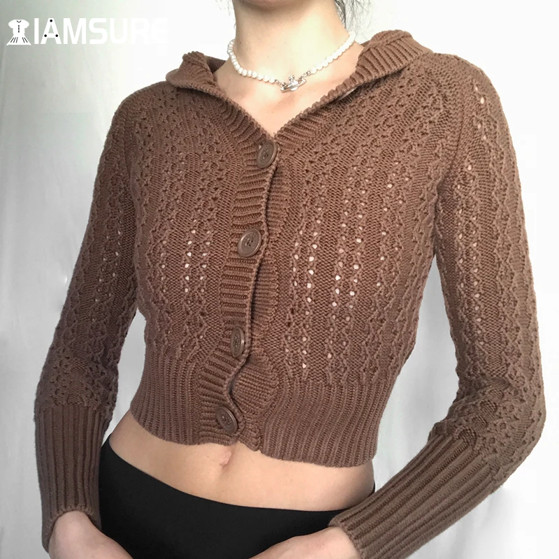 

IAMSURE Basic Solid Hooded Cropped Cardigans Casual Hollow Out Long Sleeve Sweaters Women 2021 Fashion Streetwear Vintage Coats