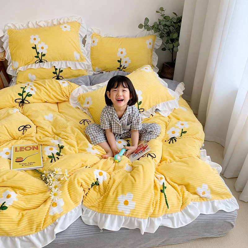 2020 winter Magic Fleece warm bedding set 3 or 4pcs/set fitted sheet duvet cover flannel fleece ruffles contrast color flat | Дом и сад
