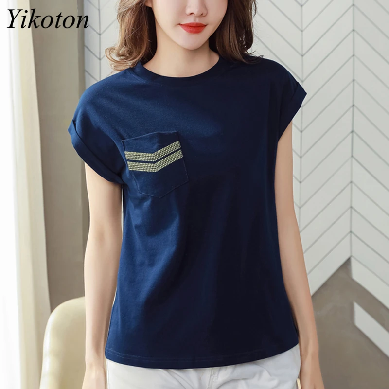 

Футболка женская хлопковая с круглым вырезом, Свободная Повседневная рубашка с короткими рукавами и карманами, размера плюс 4XL, на лето