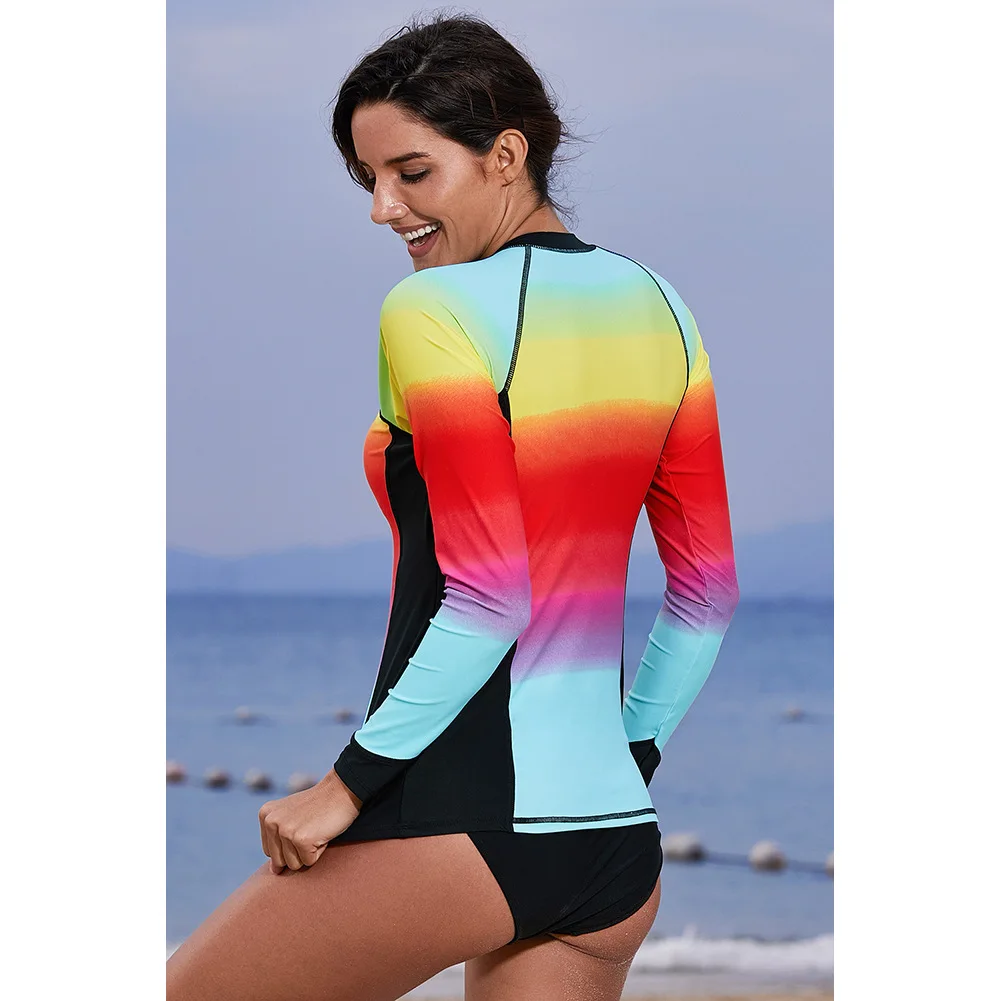 

2021 Fashion Gradient Surfing Suit Long Sleeve One Piece Women Swimsuit Female Printed Bust Open Front Zipper Wetsuit