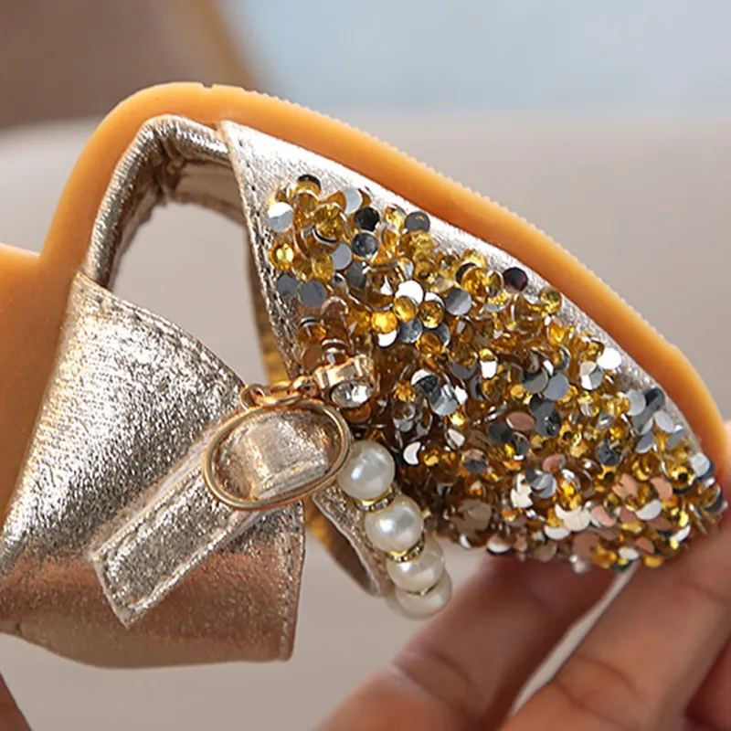 Детские сандалии в Корейском стиле Обувь с жемчугом Стразы девушки на мягкой