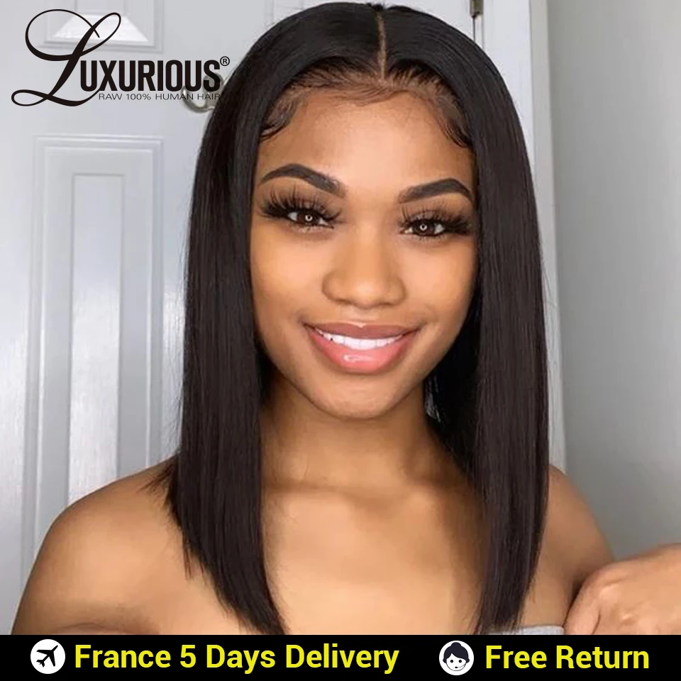 Прямые парики боб со средней частью 4x4 на шнурках бразильские волосы Remy короткие