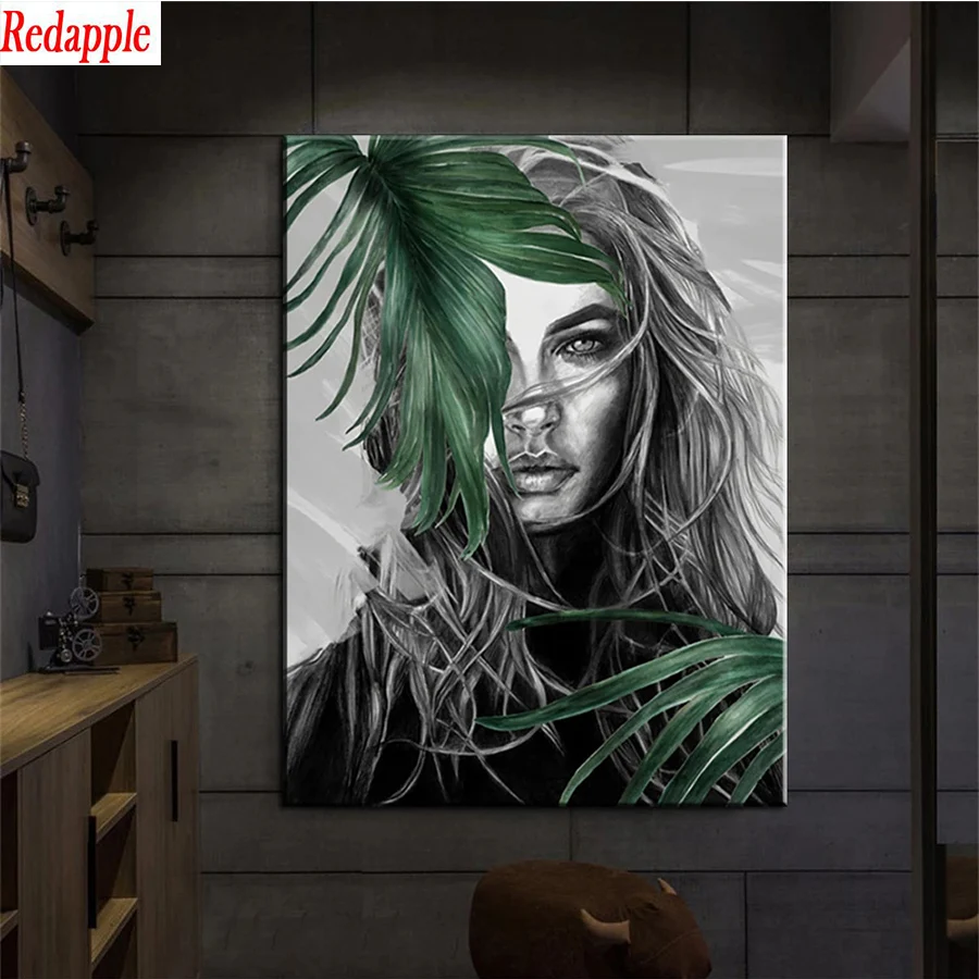 

Алмазная вышивка, абстрактное искусство, листья, Женская полноразмерная квадратная круглая Алмазная картина 5d, Алмазная мозаика для творче...