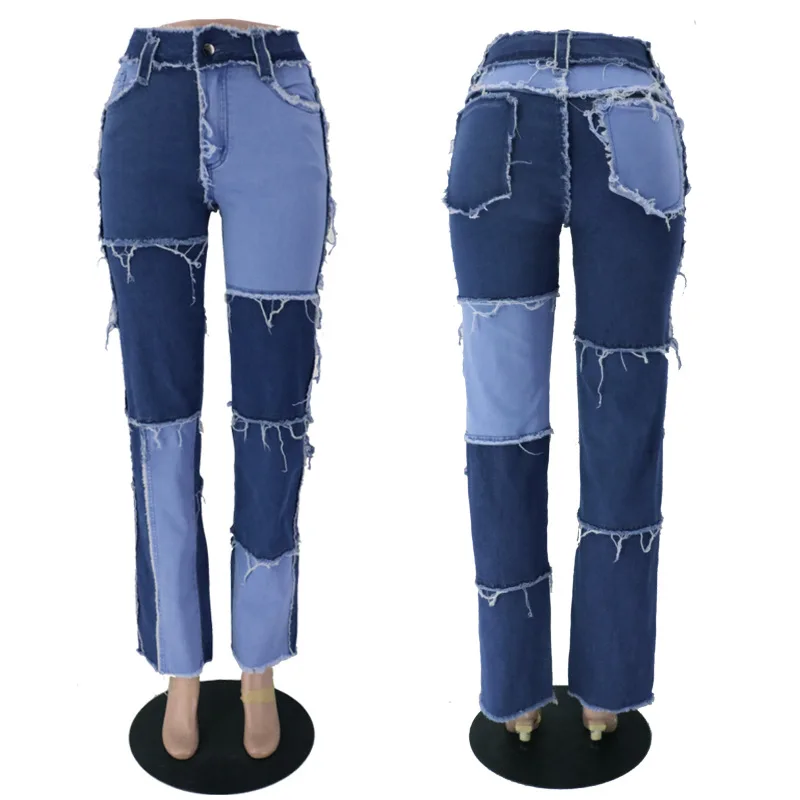 

2021 New hip hop autumn Blue/Pink patchwork Jeans women High waist Hip hop straight Jeans ladies trousers female denim for women
