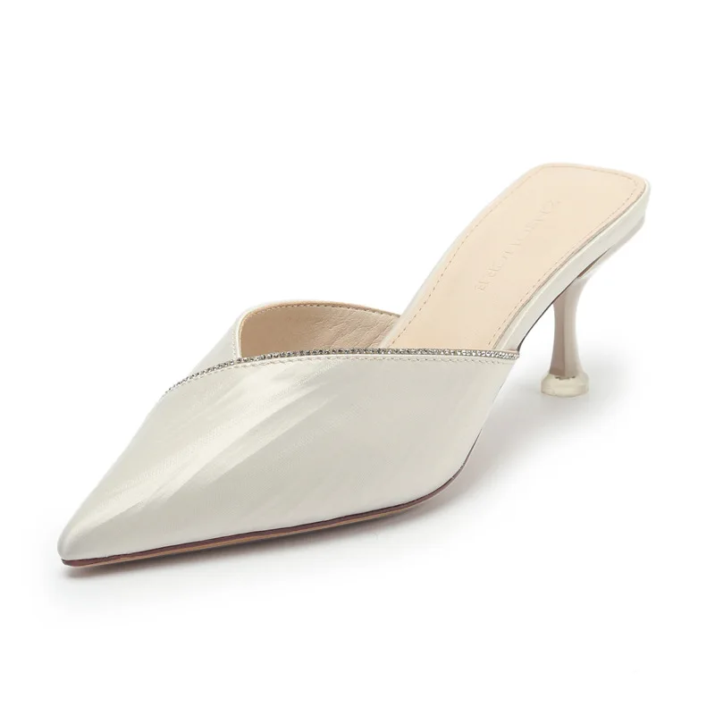 

Pointed Toe Shoes Woman's Slippers Luxury Slides Med Heeled Mules Loafers 2021 Designer Cover High Soft Summer Thin Basic Fretwo