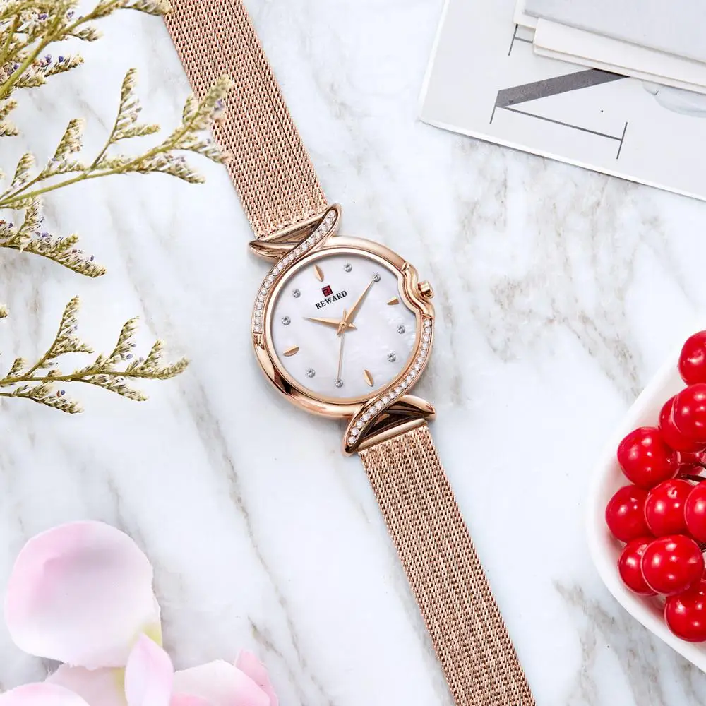 Женские наручные часы с бриллиантами розовое золото подарочные из нержавеющей