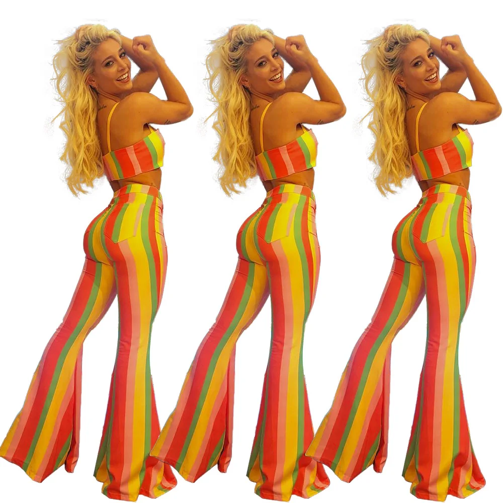 

Sexy Nightclub Ladies Two-Piece Rainbow Striped Wrap-Chest Wide-Leg Trousers