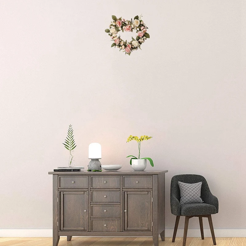 

Vintage Art Simulation Rose Flowers Wreath Pink Heart-Shaped Garland for Front Door Wedding Wall Party Home Decoration