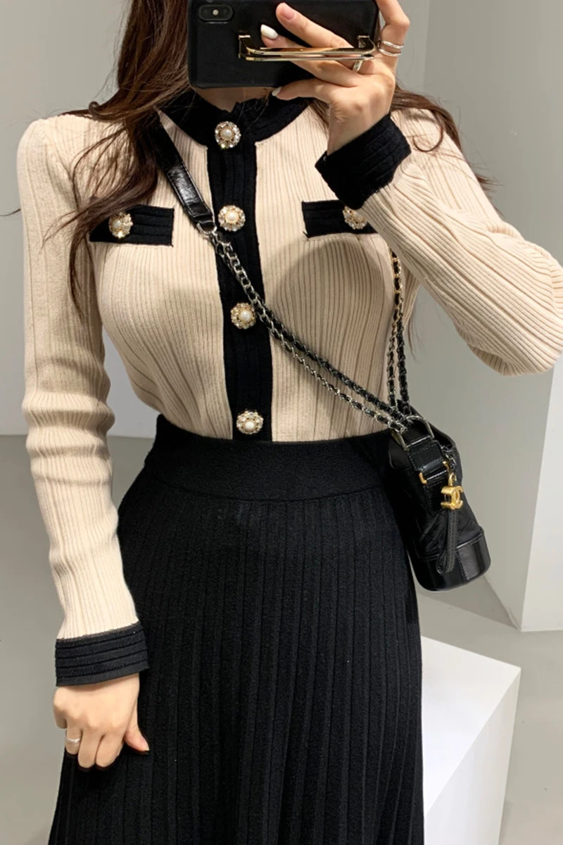 

New Women Vintage Two Piece Set Autumn Winter Knit Cardigan Coat And A Line Skirt Sweater Outfit Ladies Elegant Office 2 Pcs Set