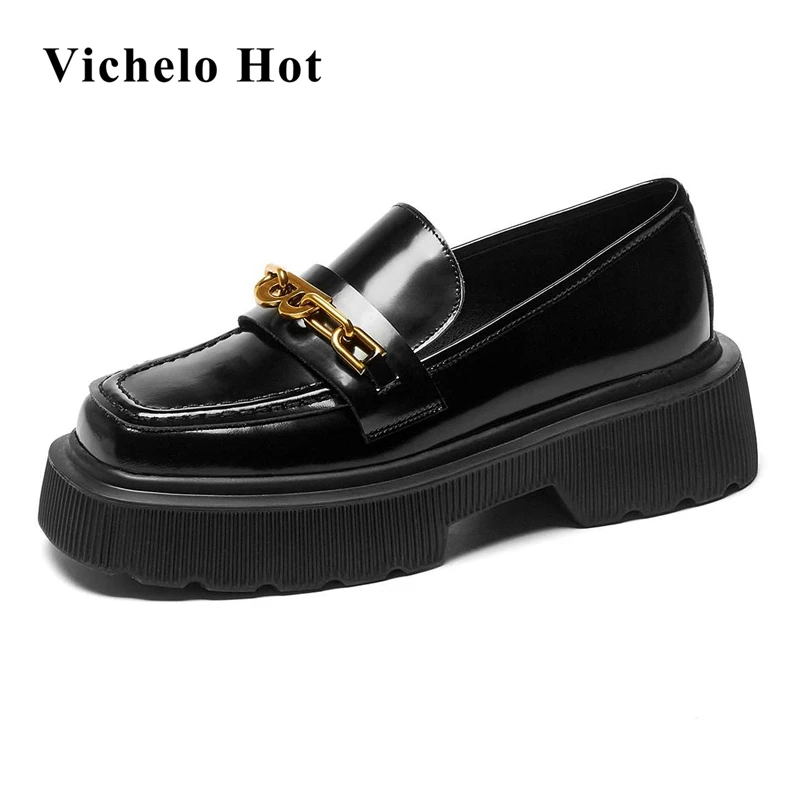 

Vichelo Hot cow leather round toe slip on flats platform women summer shoes metal fastener thick bottom concise casual shoes L26
