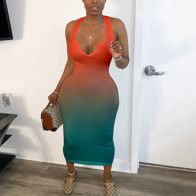 

Graffiti peacock Print Deep V Neck Sleeveless Casual Dresses for Women Summer 2020 Sexy Club Wear Bodycon Long Dress Vestidos